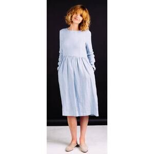 Sky Blue Linen Midi Dress Cottagecore Minimalist Long Sleeve handmade Lagenlook